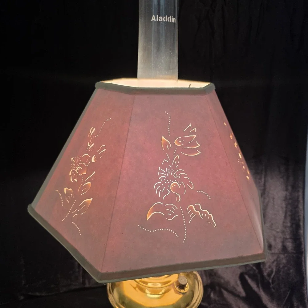 VTG Aladdin 12 Brass Oil to Electric Lamp, Lox-on Chimney & Cut-out Floral Shade